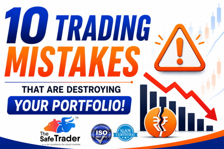 Infographic highlighting 10 common trading mistakes, including trading without a plan, ignoring stop losses, FOMO trading, over-leveraging, poor risk management, and other habits that can damage a trader's portfolio