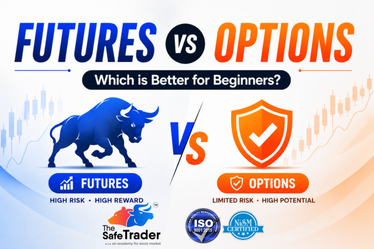 Comparison of Futures and Options trading showing differences in risk, leverage, cost, obligations, and ideal use cases for beginner and advanced traders.