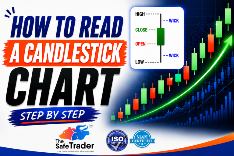 "Infographic showing how to read candlestick charts: explains anatomy of candlesticks with green bullish and red bearish candles, displays 5 key patterns (Doji, Hammer, Shooting Star, Engulfing Bull, Engulfing Bear) with visual examples and trading signals, includes trading rules and common beginner mistakes"
