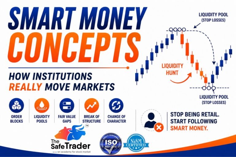 Smart Money Concepts guide explaining Order Blocks, Liquidity Pools, Fair Value Gaps, Break of Structure (BOS), and CHoCH for stock market trading.